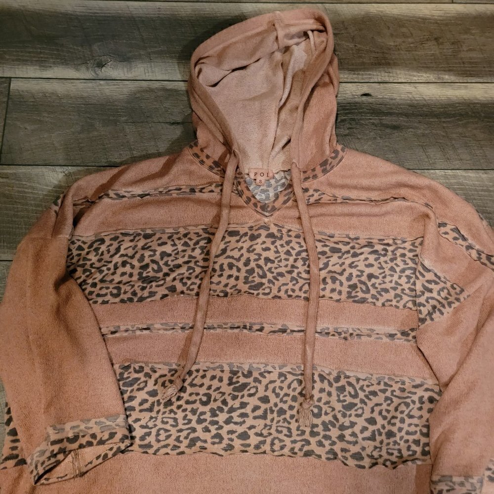 POL Mixed Material Hoodie - size small. Rose color with cheetah print fabric. - Picture 2 of 4